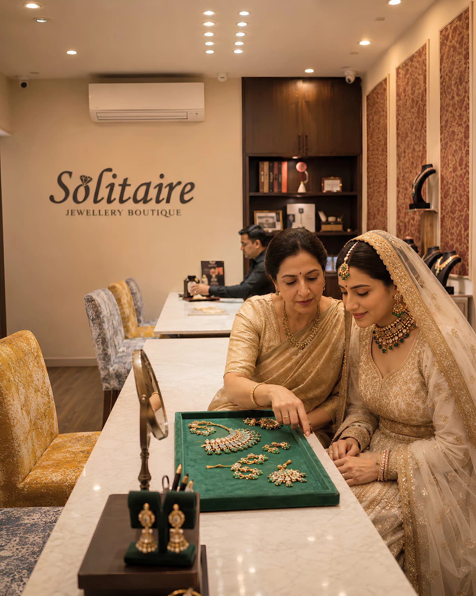 A bridal consultation at Solitaire, pieces laid out on the boutique table