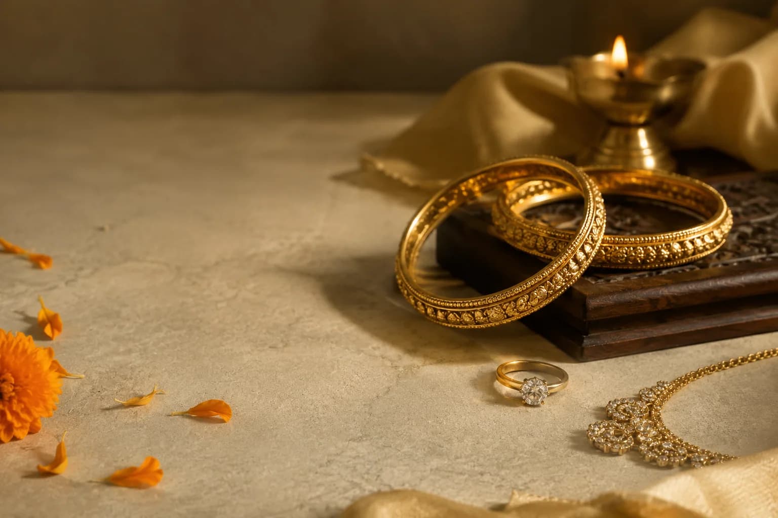 Gold coins and bangles arranged for Akshaya Tritiya