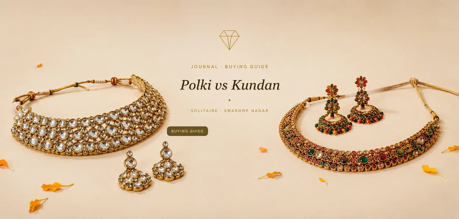 Polki and Kundan jewellery laid side-by-side on cream cloth