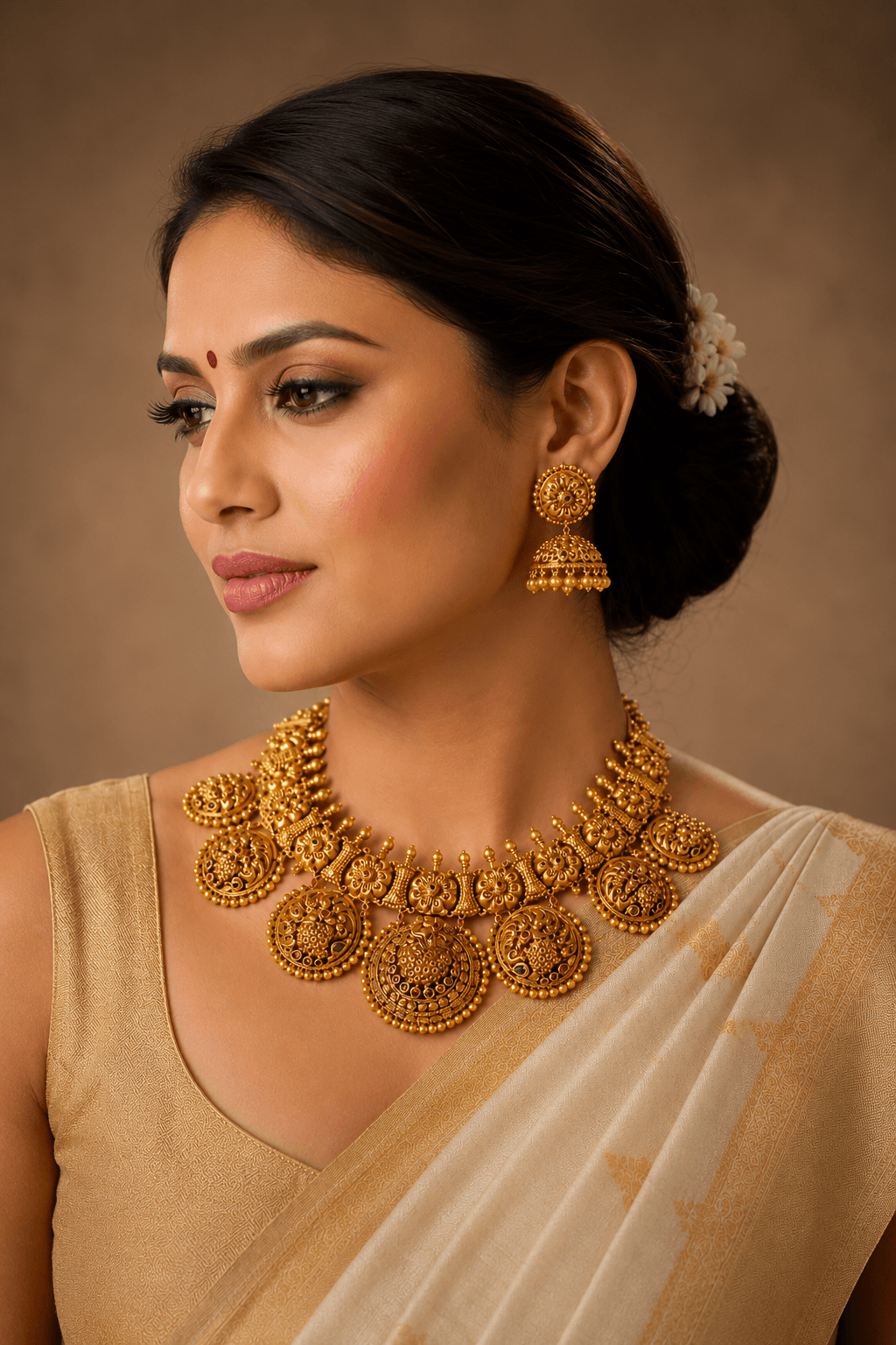 Antique 22ct gold necklace and jhumka earring set, handcrafted at Solitaire Jewellery Boutique