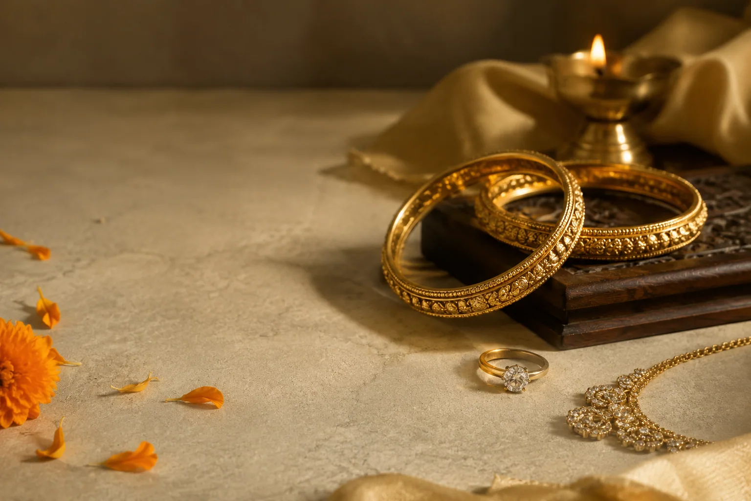 Gold coins and bangles arranged for Akshaya Tritiya