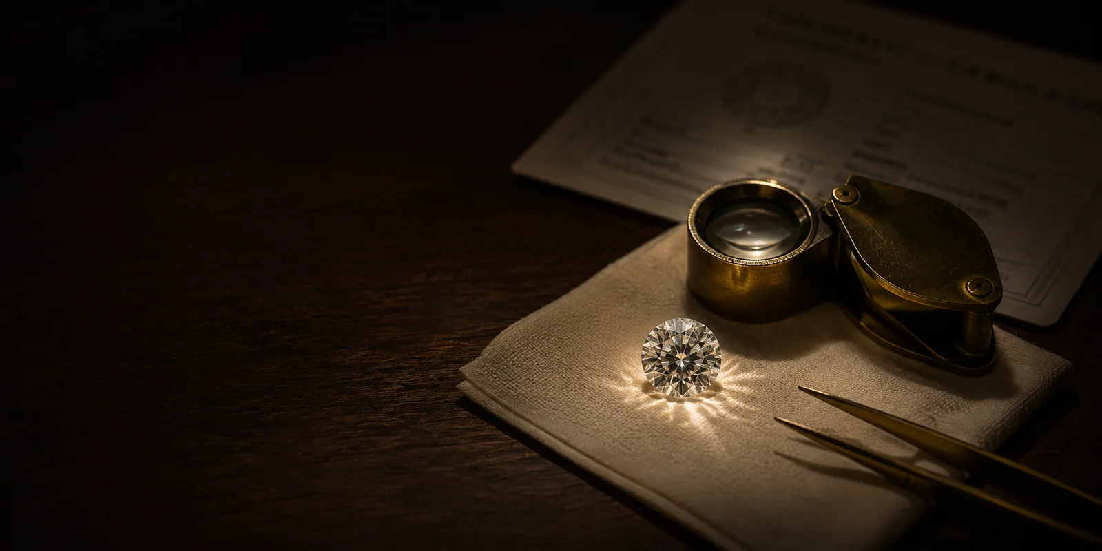 GIA certificate next to a loose diamond on a cream linen surface